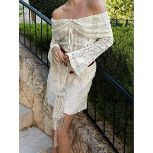 Lace Off Shoulder <b>Bell</b> Sleeve Crop Top Women Back Zipper Sheer Layer Y2K Party Holiday Wear - Product Image 4