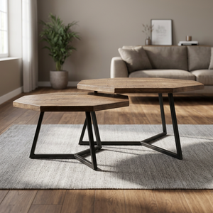 Nordic Modern Octagonal Wood <b>Coffee</b> <b>Table</b> Set with Metal Frame Nesting Design <b>for</b> Living Room Furniture - Product Image 2