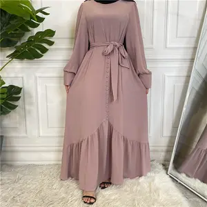 Large Muslim Solid Long Sleeve Dress Lace Up Skirt Dubai Kaftan Ladies Maxi Women's Robe