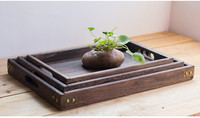 Ensemble rustique japonais de 3 plateaux rectangulaires noirs en bois de Paulownia pour le thé de l'après-midi, plateau de service rectangulaire décoratif en bois