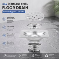 Siphon de sol carré moderne en acier inoxydable 304 avec couvercle, filtre de haute qualité, poli, pour salle de bain, anti-odeur, vente en gros