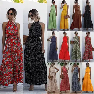 Trend più nuovo abbigliamento donna Casual stampa floreale abito lungo estate Vintage spiaggia Boho Multicolor Halter telai Maxi abiti