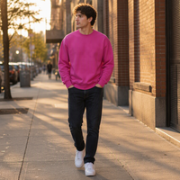 Sweat-shirt personnalisé à col ras du cou, col, poignets et ourlet côtelés, en molleton de coton épais, couleur fuchsia unie, à manches longues, décontracté