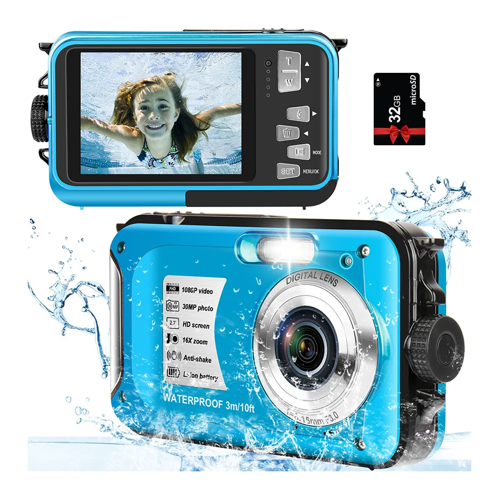 Digitale Camera Met 32Gb Kaart Waterdichte Camera 10ft 30mp 1080P Fhd Video Compacte Draagbare Camera Voor Kinderen