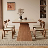 Table à manger rectangulaire moderne en pierre frittée avec base en bois massif, ensemble de table à manger pour la maison avec chaises rembourrées