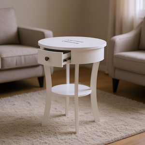 Tavolino Rotondo a 2 Ripiani con Cassetto, Mobile da Soggiorno in Legno Bianco, Design Moderno e Contemporaneo - Product Image 2