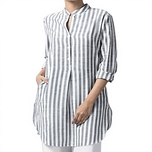 Camisa y Blusa de Lino 100% Ecológico y Transpirable para Mujer, con Rayas, Manga Larga y Botones, Nueva Colección, Venta al Por Mayor - Product Image 2