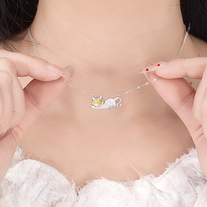 Collar con Colgante de Gato Adorable en Plata de Ley 925, con Incrustaciones de Piedra Natural Ovalada de 4*6mm, Joyería Fina para Chicas - Product Image 3