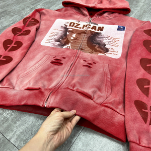 ผู้ผลิตเสื้อฮู้ดดี้ซิปทรงบ็อกซี่ผ้าฝ้ายหนาน้ำหนักมาก พิมพ์ลายสกรีนตามสั่ง ล้างสีแบบแอซิดวอช ทรงโอเวอร์ไซส์ แต่งดีเทลขาดๆ สำหรับผู้ชาย - Product Image 3