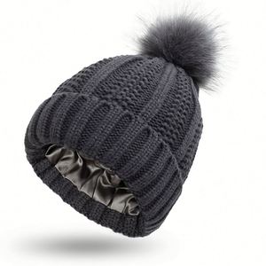 Gorros de punto con forro de satén y pompón de piel desmontable para niñas, forro de seda, elásticos, cálidos, para invierno, casquette, chapeau femme - Product Image 4