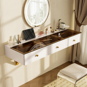 GO 47" Solid Wood <strong>Floating</strong> Shelf <strong>with</strong> <strong>Drawer</strong> Multi-Purpose Floor Mount Vanity Table Mounted <strong>Desk</strong> for Bedroom - Product Image 1