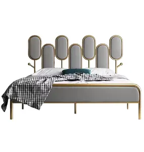 Antique Brass Velvet Headboard Bed with Steel Metal Frame Elegant Metal Beds