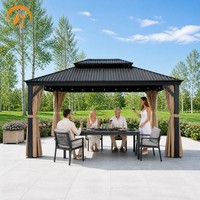 Pergola extérieure en aluminium à double toit rigide, rideaux latéraux, moustiquaire, noire, imperméable, résistante aux intempéries et aux UV, pour jardin