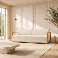 Canapé 2 places avec base en bois massif, coussin en tissu, style moderne minimaliste, accoudoirs en bois, meubles de salon pour la maison