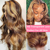 Perruque frontale en dentelle HD 13x4, cheveux humains, mèches brunes, ondulations naturelles, 100% cheveux vierges non traités, mèches blondes mélangées, en promotion