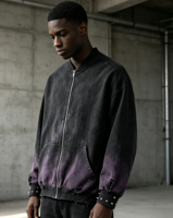 Blouson bomber zippé délavé à l'acide, dégradé violet, effet usé et déchiré, style punk streetwear pour un look décontracté