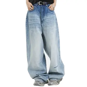 Grosir Jin pria kaki lebar klasik elegan dan sederhana desain kancing logam yang dicuci Retro jeans kaki lurus longgar semua