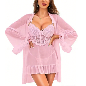 Set Lingerie Premium in Pizzo Liscio, <span class=keywords><strong>Camicia</strong></span> <span class=keywords><strong>da</strong></span> <span class=keywords><strong>Notte</strong></span> <span class=keywords><strong>Trasparente</strong></span> con Vestaglia, Sexy Scollo a V e Spalline Regolabili per l'Estate - Product Image 2