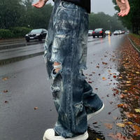 MC BUILD American High Street Heavy Craft Pigment Baggy Trousers Trendy Brand Ripped Wide Leg Men's Jeans Pant