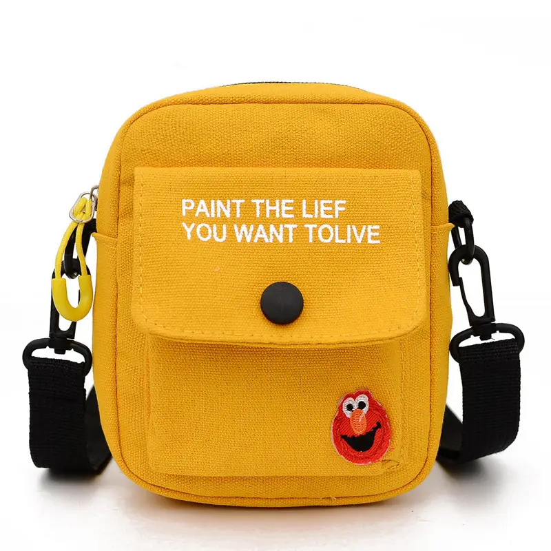 Individuelles Logo gelbe Leinwand Kinder-Botenbeutel Crossbody Mini-Schultertaschen für Mädchen mit Loch