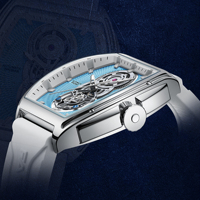 Mark Fairwhale Automatische Mechanische Uhr Metall-Tonneau-Gehäuse Gummiarmband Skelett-Zifferblatt Wasserdicht Leuchtend Aerospace FW-6029