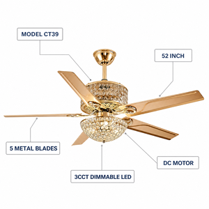 Ventilateur de plafond LED en cristal argenté 52 pouces avec télécommande, 3 changements de couleur, lustre LED, moteur DC - Product Image 3