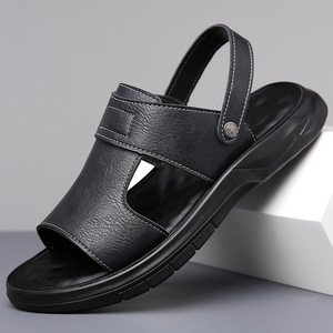 Sandalias Planas de Cuero Genuino para Hombre, Punta Abierta, Transpirables, Casuales, de Verano, Suela de Goma, Color Sólido - Product Image 1