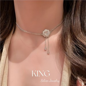 King <b>Silver</b> Jewelry Camellia Tassel <b>Choker</b> S925 Sterling <b>Silver</b> Gold Plated Necklace For Women Wedding Fashion - Product Image 3