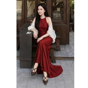 ชุดเดรสยาวผ้าชีฟองระบายอากาศดี คอแบบผูก สายเดี่ยว เรียบหรู ทรงพลิ้วสวย สไตล์ลำลองเก๋ไก๋ สำหรับผู้หญิง ผ้าโพลีเอสเตอร์ ทรงปกติ - Product Image 1