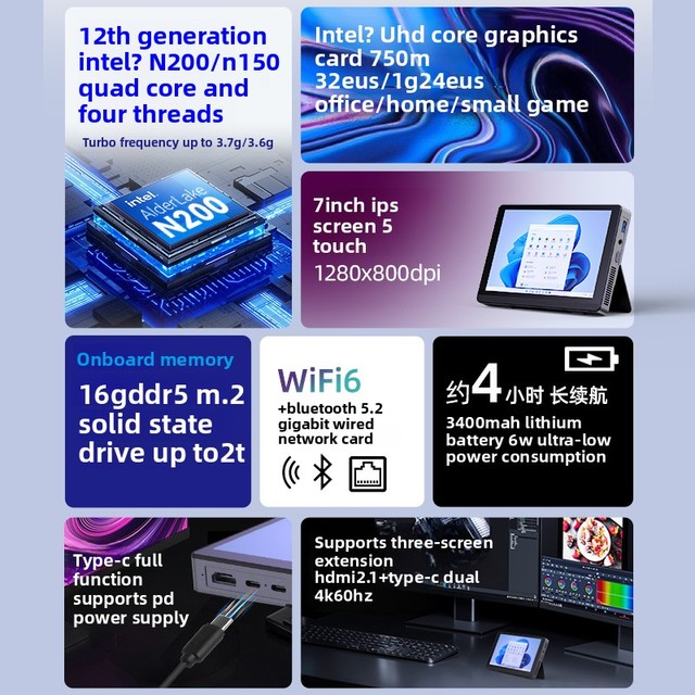 12th Gen N200 Mini Host 7-Inch Touchscreen Win11 Office N150 Gaming N305 Micro Tablet New Mini PC Quad Core DDR5 16GB SSD CN