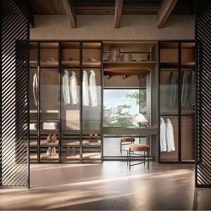 Armoire moderne en bois meubles de chambre à coucher placards de chambre à coucher garde-robe murale personnalisée armoire à portes coulissantes en verre - Product Image 1