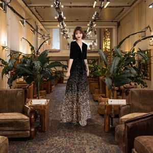 Vestido de baile silueta lentejuelas naturales rendimiento vestido largo hecho fibra de poliéster Organza Vestidos de Noche de lujo para mujer - Product Image 2