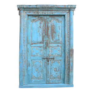 Haswani Handicrafts - Marco de Puerta de Madera Maciza Azul Envejecido, Puerta Doble Tallada Vintage, Estilo Rústico Antiguo para Sala de Estar o Supermercado - Product Image 1