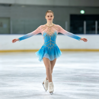 Robe de patinage et de danse pour enfants et adultes, dégradé rose et bleu, manches longues, chaîne dorée, strass au dos, pour compétition et spectacle de patinage sur glace