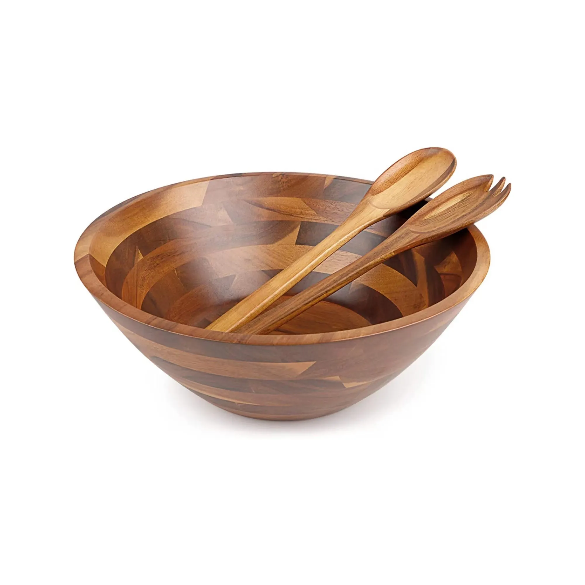 Wholesale Hot Selling Natural Health Reusable Bamboo Bowl Thick Acacia Wooden Salad Bowl Spoon Set