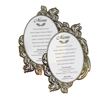 Royal lujo boda menú tarjetas blanco acrílico oro foiling troquelado forma