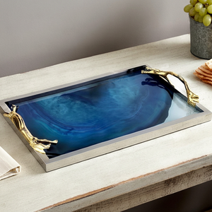 Plateau de service en résine bleue de qualité supérieure avec poignées dorées, finition métallique polie, motif marbré, pour une table élégante et un cadeau haut de gamme - Product Image 1