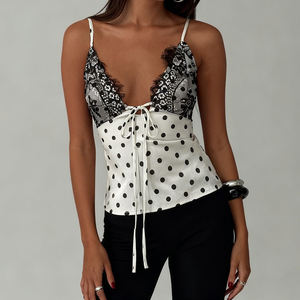 Top sin mangas con cordones, encaje, satén con lunares, estilo seductor, sin tirantes, espalda descubierta, colores en contraste, para chica atrevida - Product Image 4