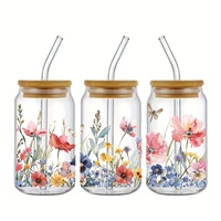 Wildflower UV DTF Floral Crystal Transfert Autocollants pour 16Oz Libbey Verres Tasses Aquarelle Botanique 3D DIY Décor