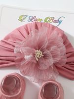 Conjunto de gorro elástico floral de algodón y poliéster transpirable unisex para bebé con calcetines con puntos adhesivos y diadema para recién nacido, calcetines de verano para el hogar