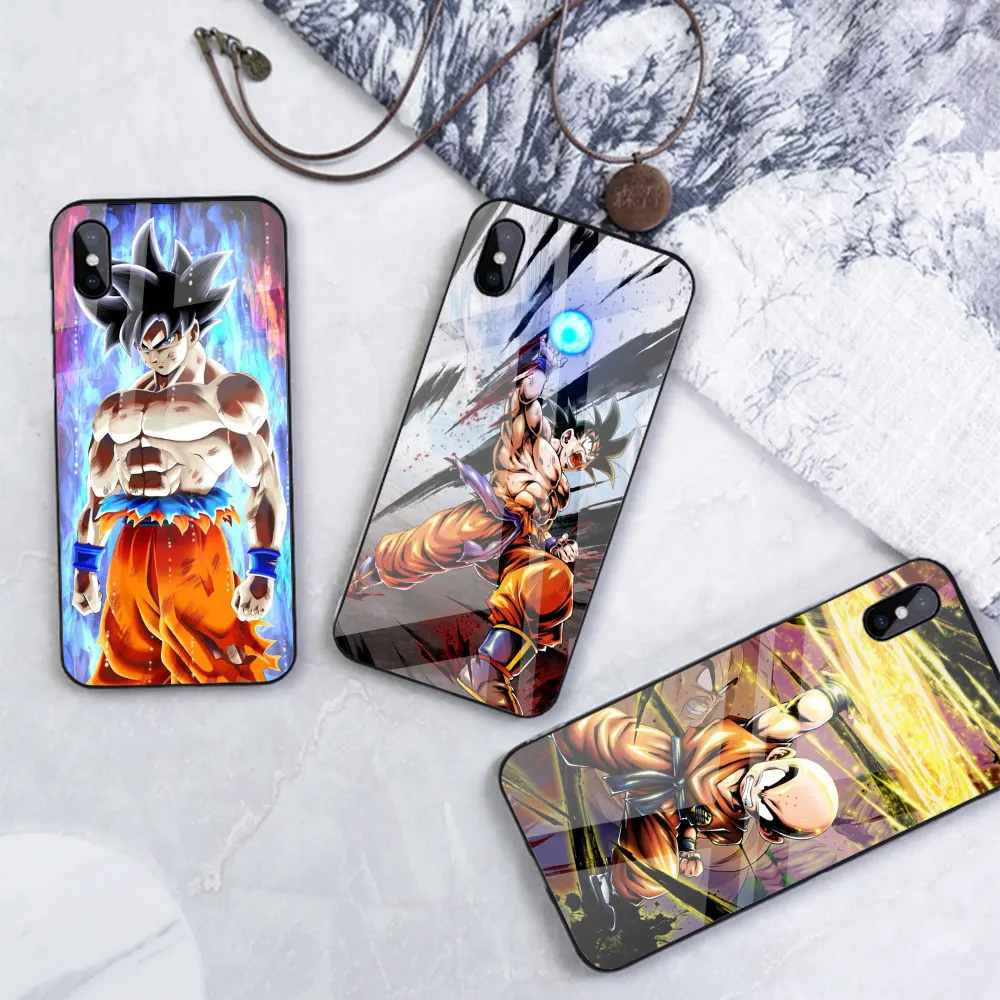 Funda de teléfono de vidrio templado duro brillante con impresión de logotipo personalizado para Iphone 15 14 13 PROMAX funda de teléfono Goku Anime