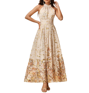 Robe longue personnalisée pour femme, couleur champagne, col licou, imprimé floral doré, en mousseline, taille haute, froncée, pour soirée décontractée ou festive - Product Image 1