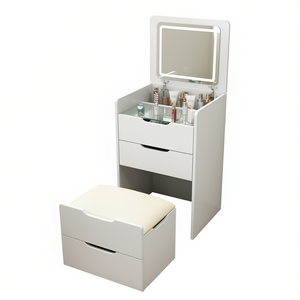 Coiffeuse compacte 3-en-1 DB avec miroir relevable éclairé, petit ensemble de maquillage, design moderne, plateau en verre, mobilier de chambre - Product Image 1