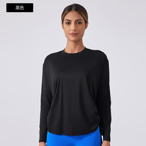 T-shirts de yoga à manches longues avec cordon de serrage latéral, logo personnalisé, style élégant, surdimensionnés, pour la salle de sport, t-shirt de haute qualité pour femmes - Product Image 6