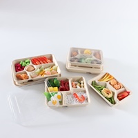 Boîtes à lunch jetables de luxe en bagasse avec couvercles, trois/quatre/cinq/six compartiments, capacité de 350 ml, pour desserts, plats à emporter, usage commercial