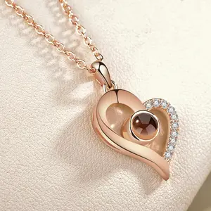 Valentine's Day I Love You In 100 Language Photo Rose Gold Plated Heart Memory Projection Pendant Necklace