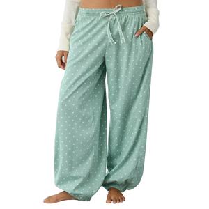 Pantalones Anchos de Mujer con Estampado de Lunares Verde Claro, Cómodos y Elegantes, para Descansar, Hacer Deporte o para el Tiempo Libre - Product Image 1