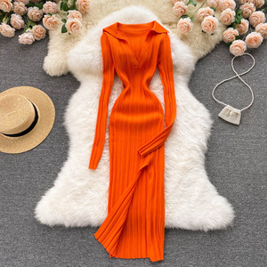 Vestido de Punto Coreano para Mujer, Manga Larga, Cuello en V, Elástico, Ajustado, Tipo Lápiz, Otoño 2021, Sexy, Vestido de Suéter con Abertura - Product Image 3