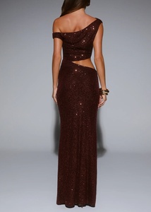 Abito da sera lungo sexy bordeaux con glitter, scollo a barca, cut-out, elegante per feste, balli di fine anno, matrimoni e occasioni speciali - Product Image 5