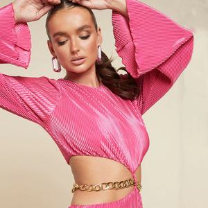 Abito Casual aperto da donna in <span class=keywords><strong>velluto</strong></span> plissettato rosa caldo con manica lunga a campana a lunghezza incavata - Product Image 3